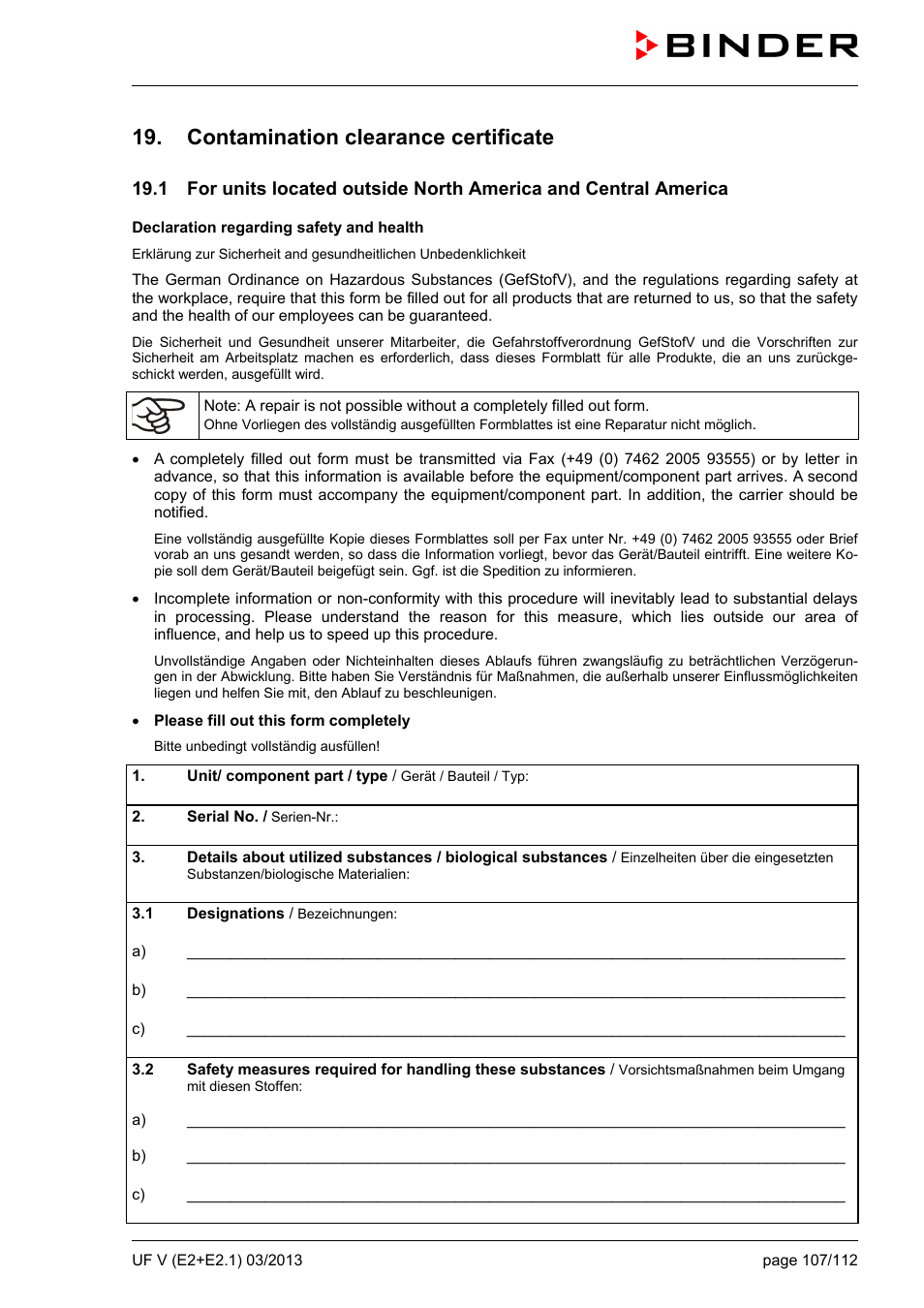 Contamination clearance certificate | BINDER UF V 500 User Manual | Page 107 / 113