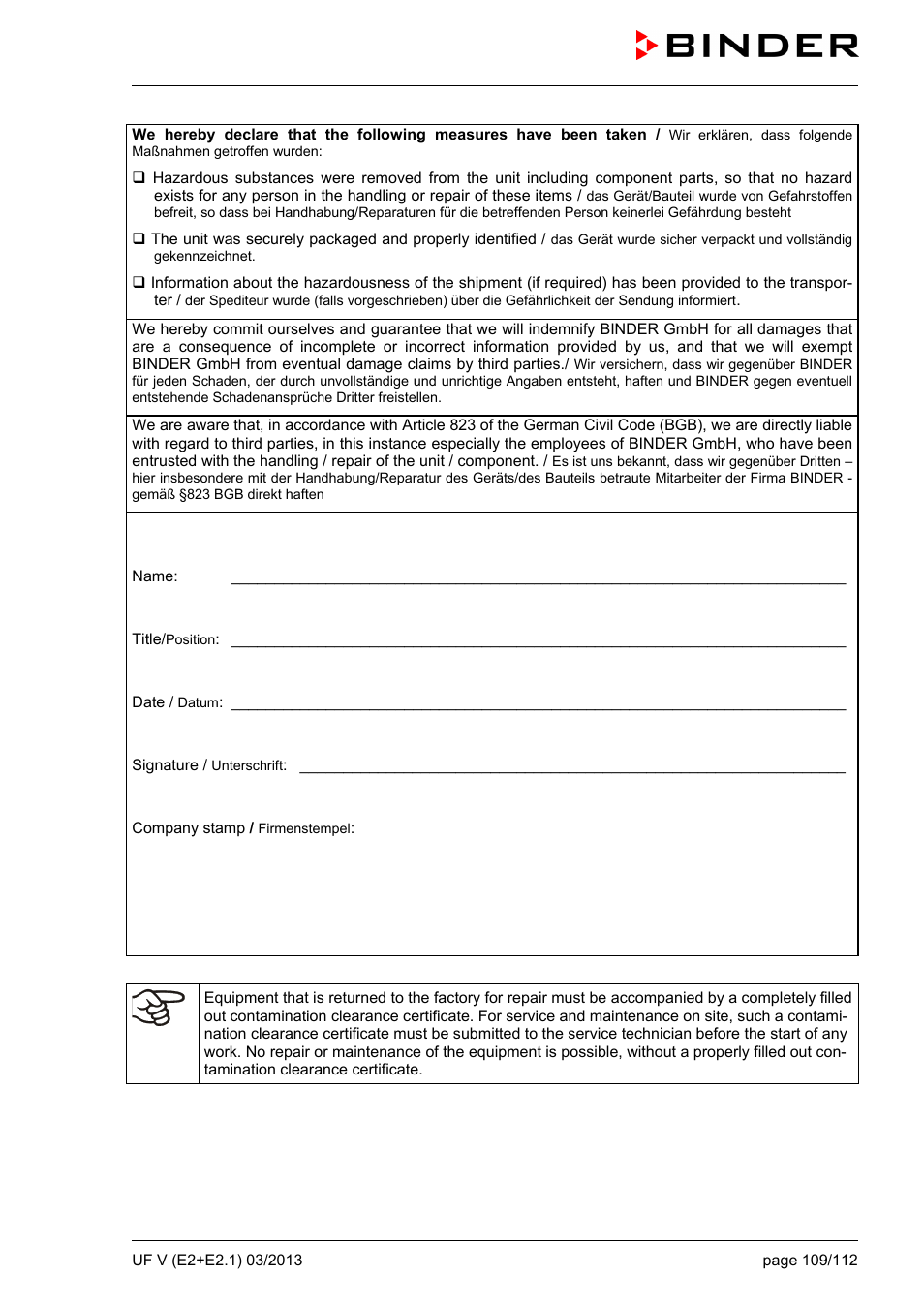 BINDER UF V 500 User Manual | Page 109 / 113