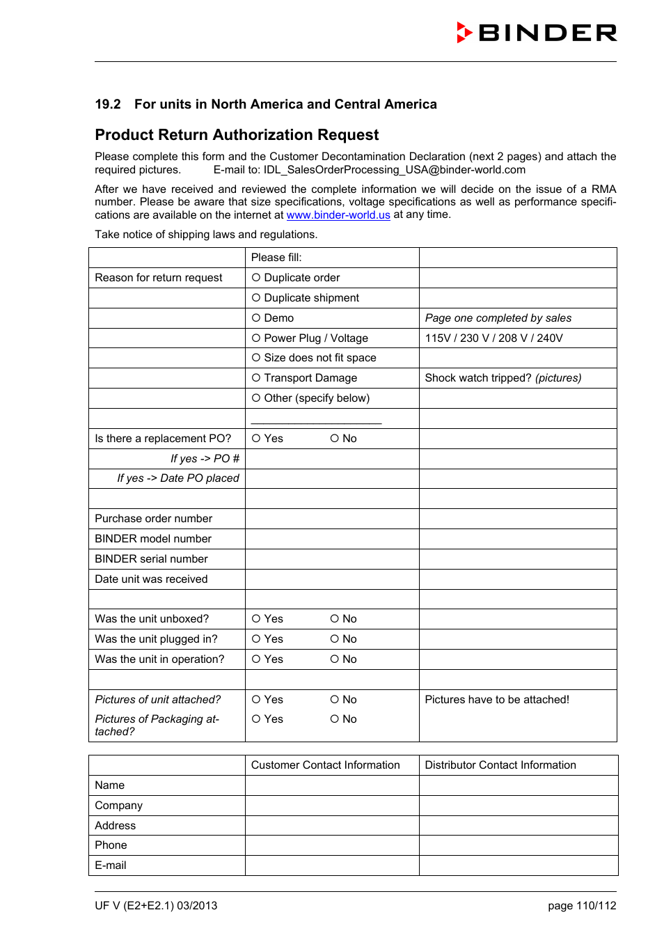 2 for units in north america and central america, Product return authorization request | BINDER UF V 500 User Manual | Page 110 / 113