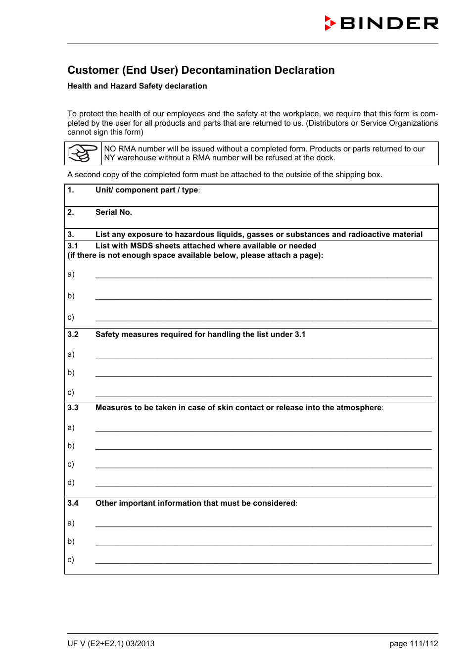 Customer (end user) decontamination declaration | BINDER UF V 500 User Manual | Page 111 / 113