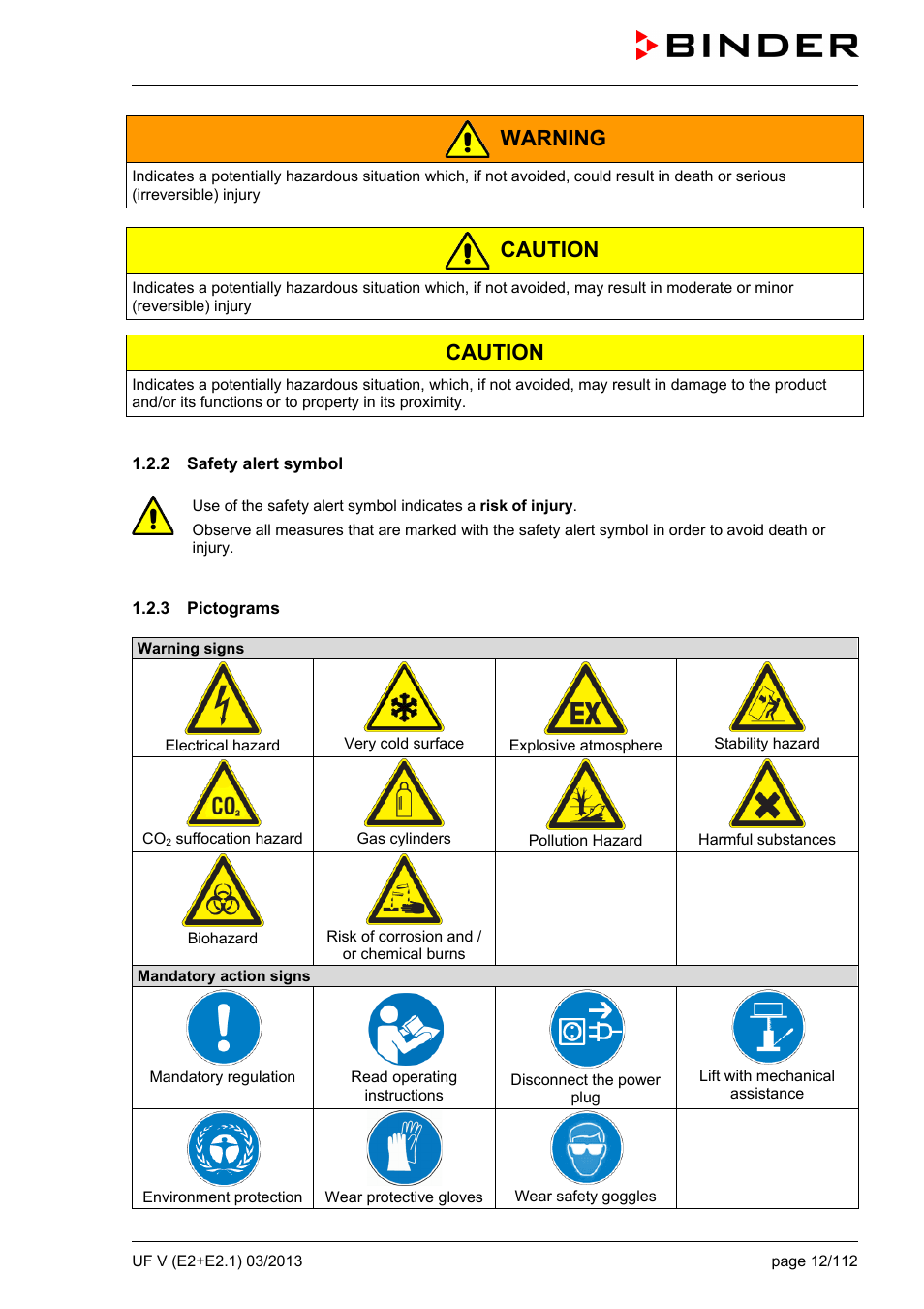 2 safety alert symbol, 3 pictograms, Warning | Caution | BINDER UF V 500 User Manual | Page 12 / 113