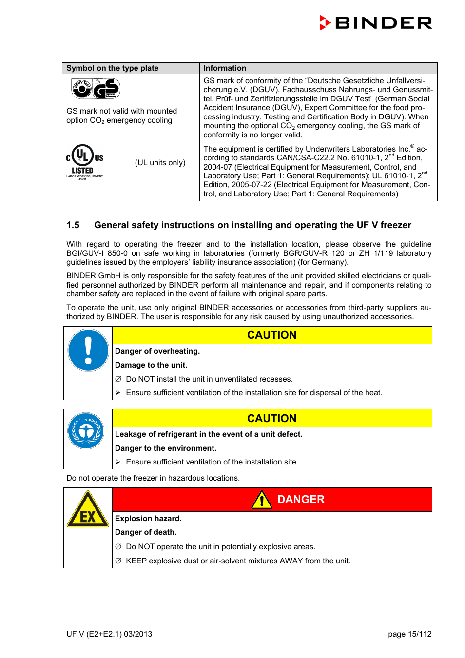 Caution, Danger | BINDER UF V 500 User Manual | Page 15 / 113