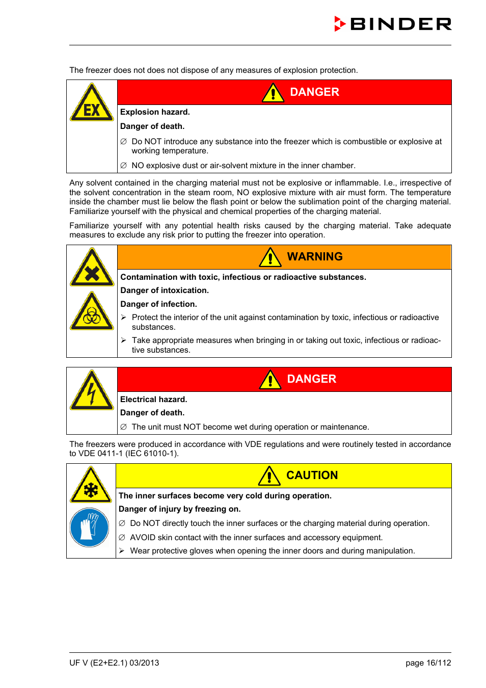 Danger, Warning, Caution | BINDER UF V 500 User Manual | Page 16 / 113