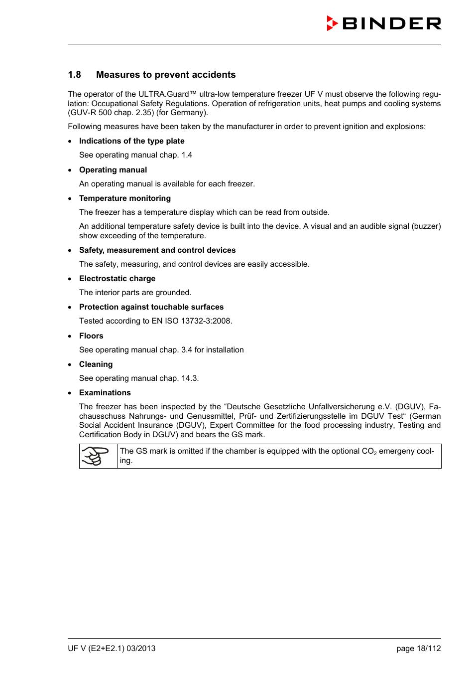 8 measures to prevent accidents | BINDER UF V 500 User Manual | Page 18 / 113