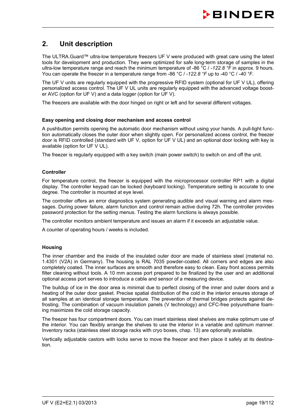Unit description | BINDER UF V 500 User Manual | Page 19 / 113