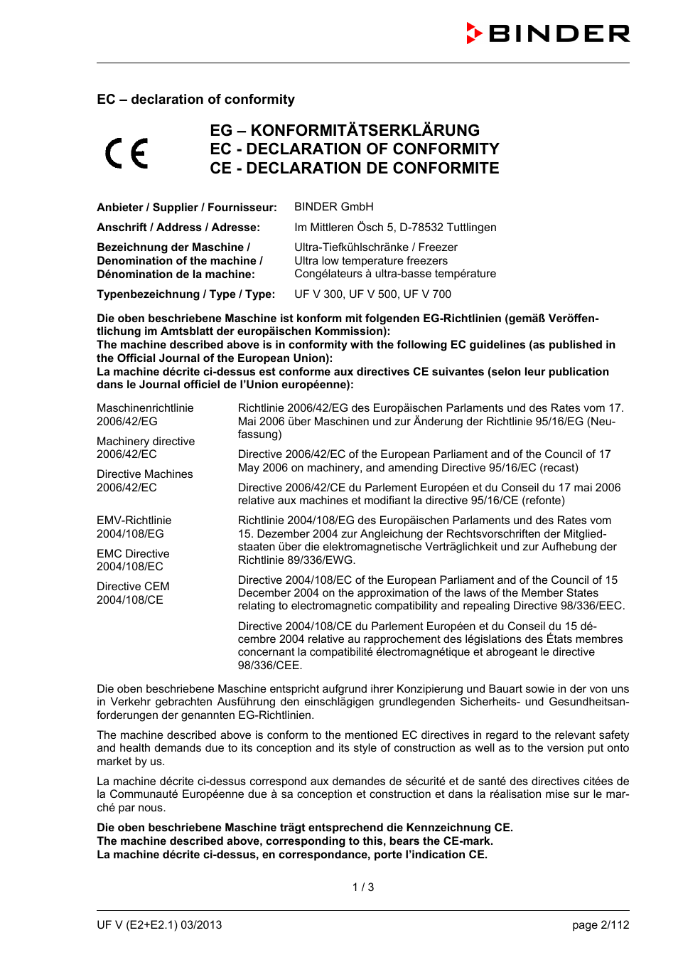 Ec – declaration of conformity | BINDER UF V 500 User Manual | Page 2 / 113