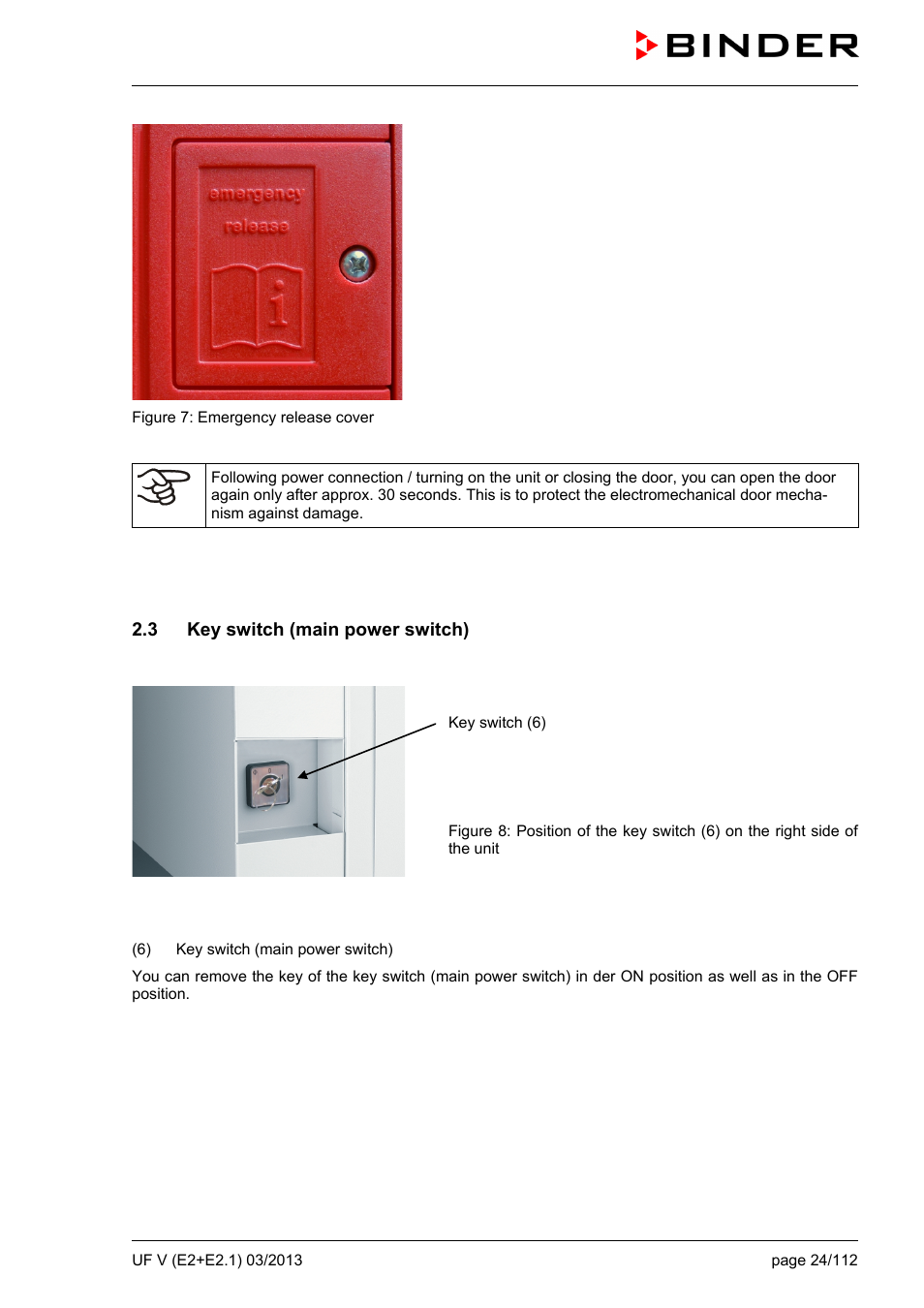 3 key switch (main power switch) | BINDER UF V 500 User Manual | Page 24 / 113