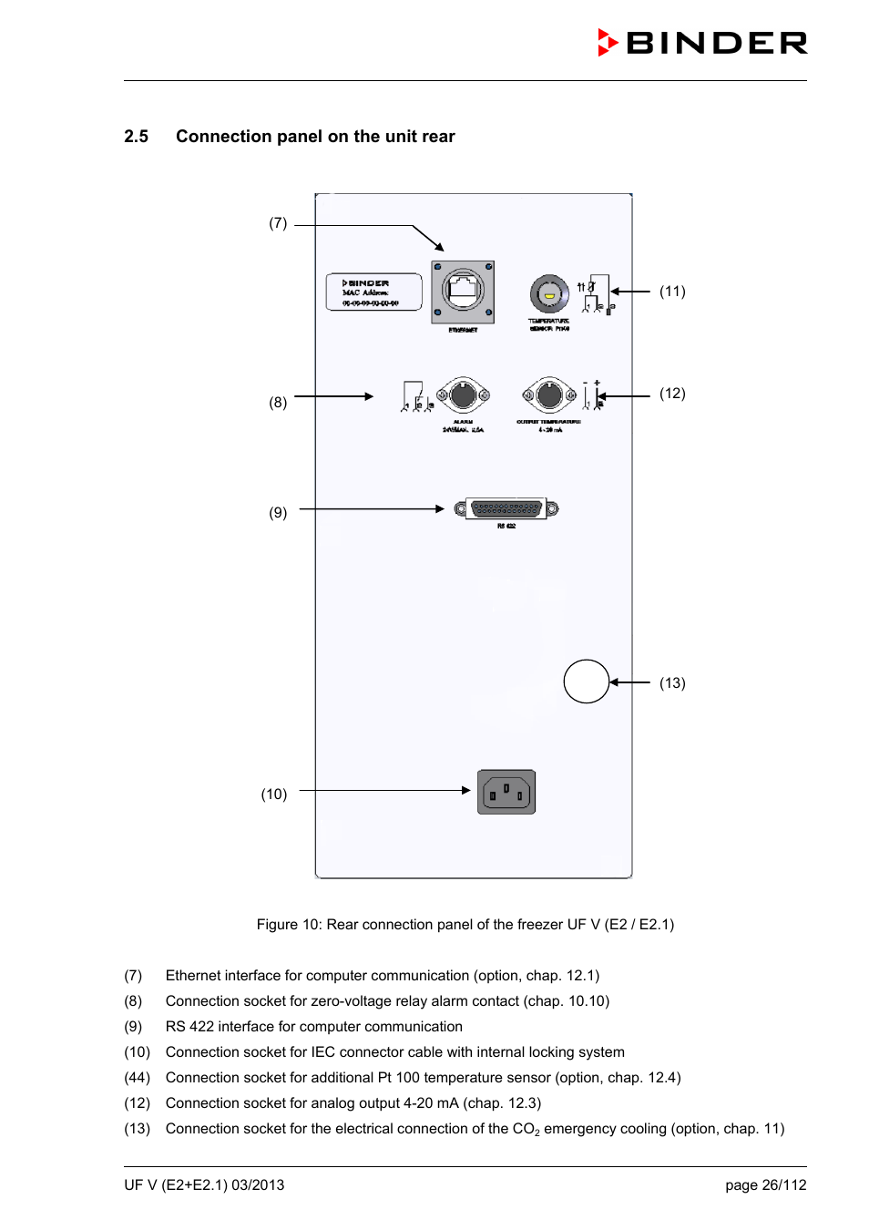 5 connection panel on the unit rear | BINDER UF V 500 User Manual | Page 26 / 113