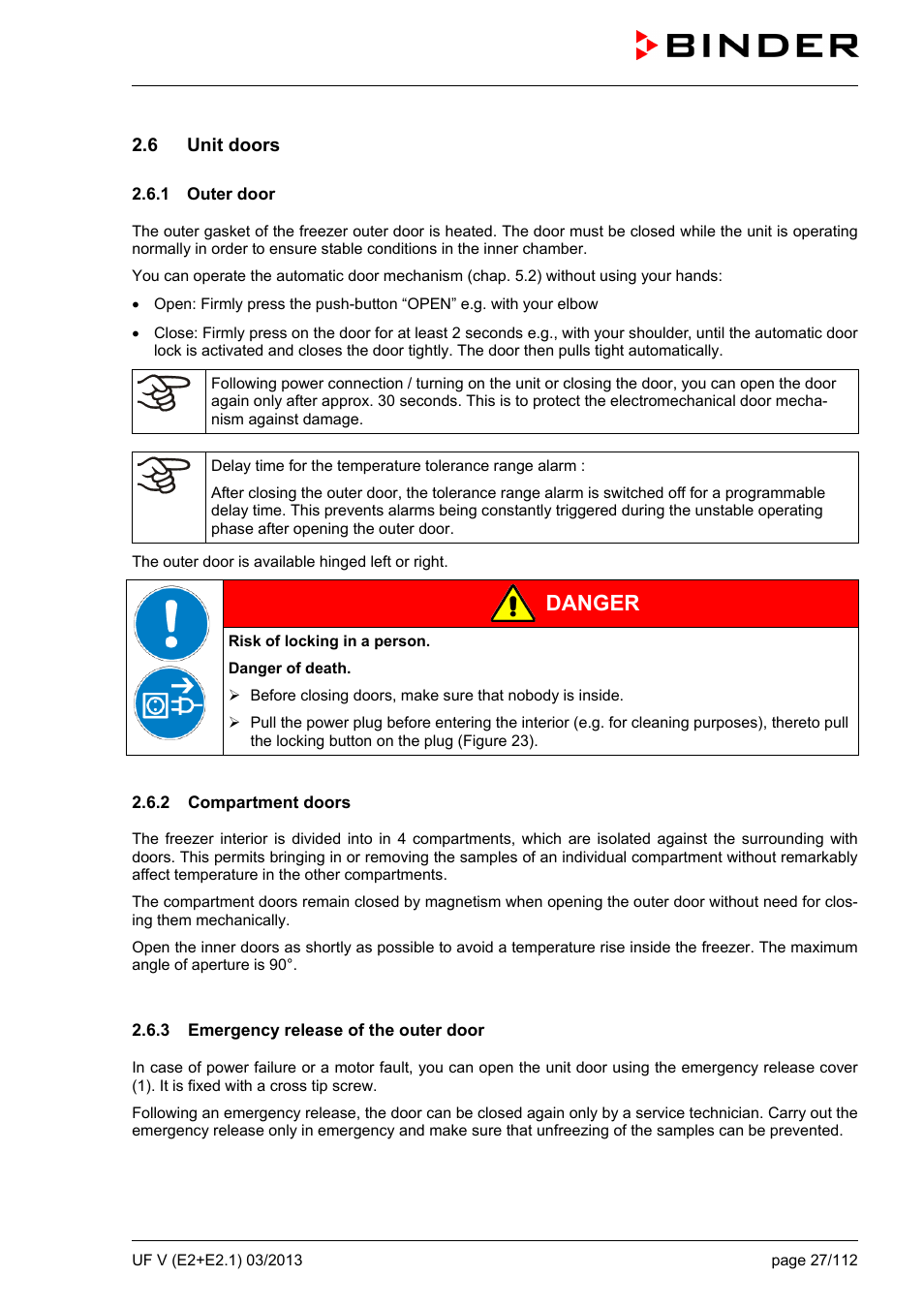 6 unit doors, 1 outer door, 2 compartment doors | 3 emergency release of the outer door, Danger | BINDER UF V 500 User Manual | Page 27 / 113