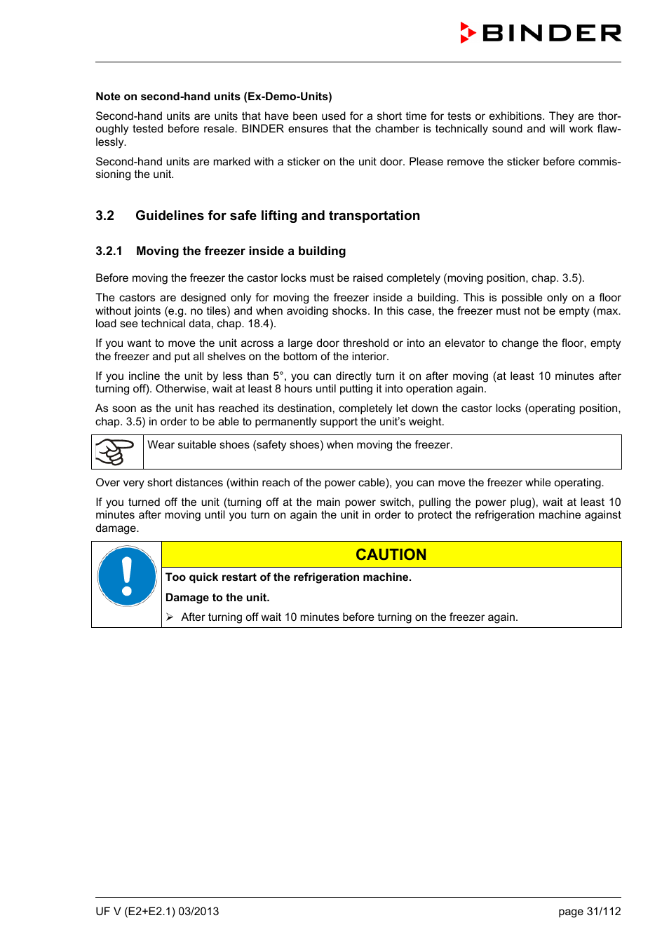 2 guidelines for safe lifting and transportation, 1 moving the freezer inside a building, Caution | BINDER UF V 500 User Manual | Page 31 / 113