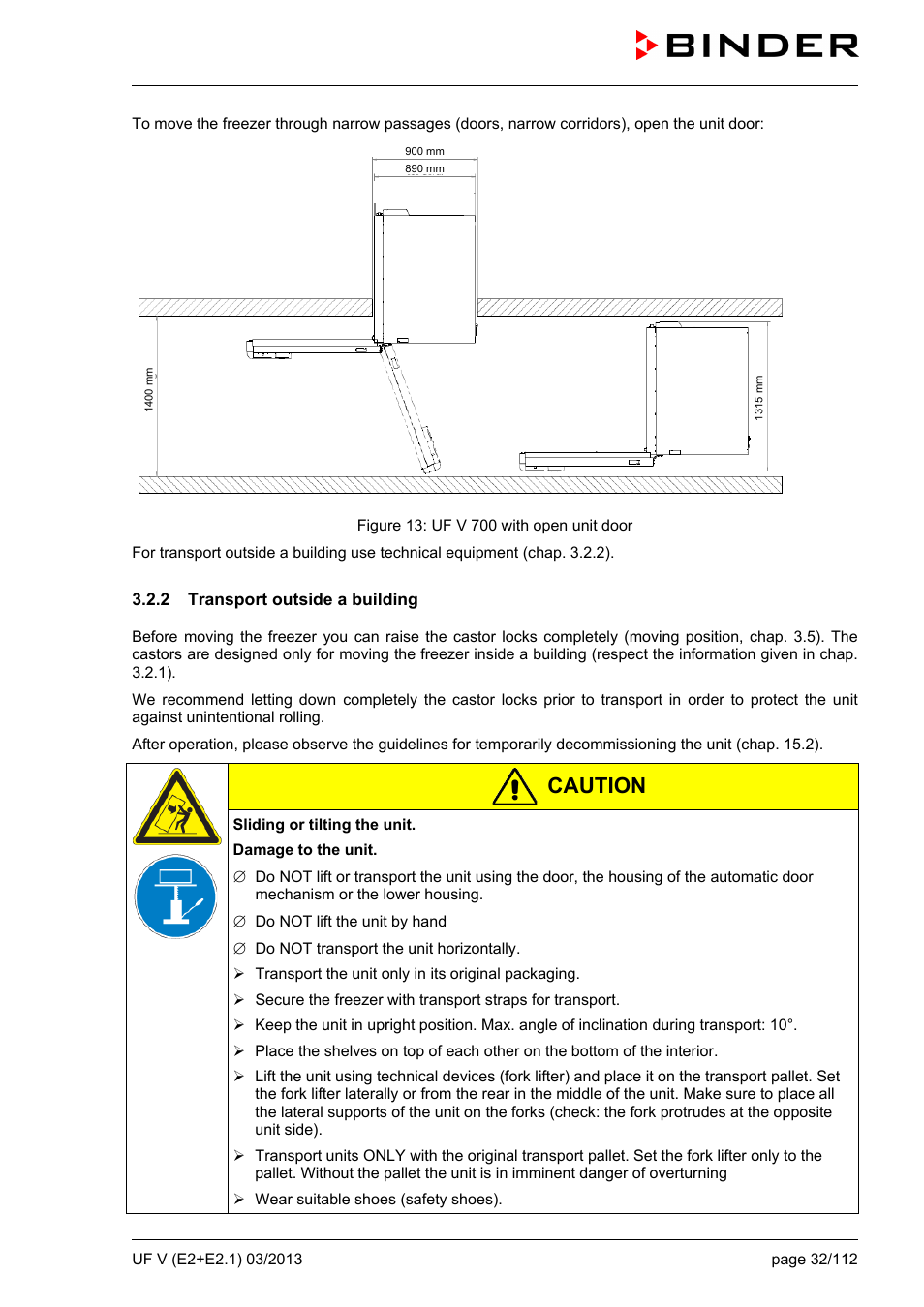 2 transport outside a building, Caution | BINDER UF V 500 User Manual | Page 32 / 113