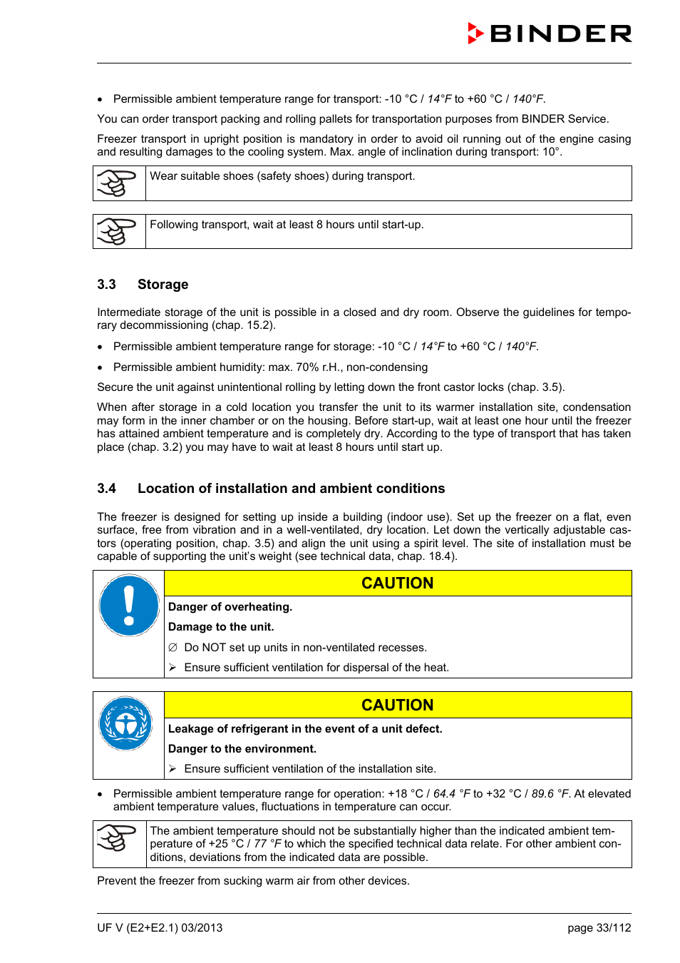 3 storage, 4 location of installation and ambient conditions, Ole_link11 | Caution | BINDER UF V 500 User Manual | Page 33 / 113