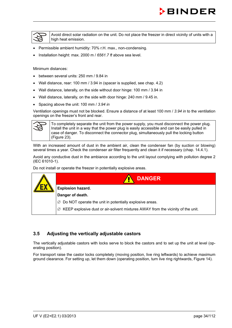 5 adjusting the vertically adjustable castors, Danger | BINDER UF V 500 User Manual | Page 34 / 113