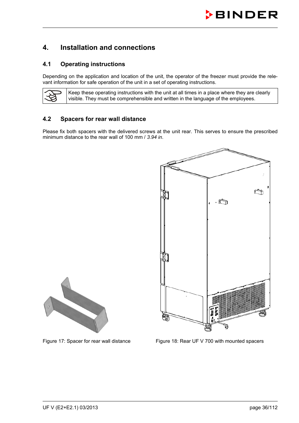 Installation and connections, 1 operating instructions, 2 spacers for rear wall distance | BINDER UF V 500 User Manual | Page 36 / 113