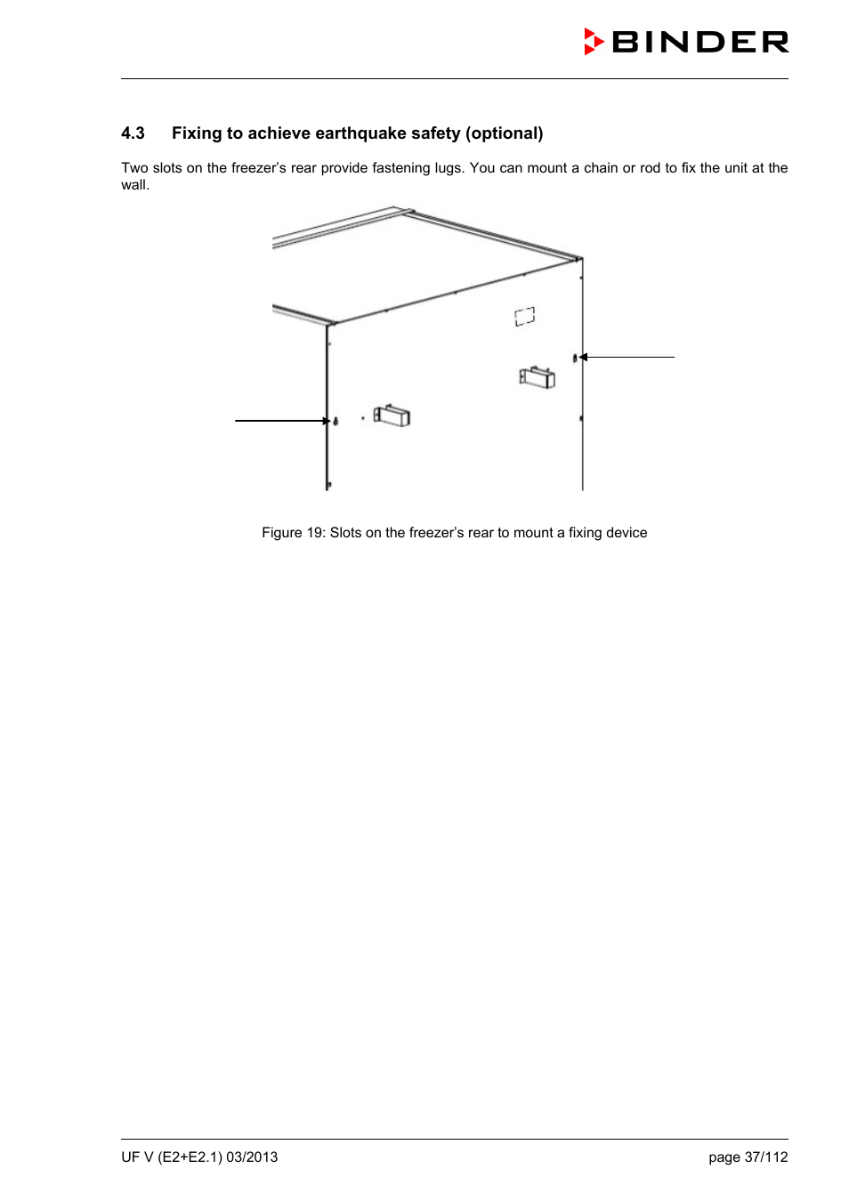 3 fixing to achieve earthquake safety (optional) | BINDER UF V 500 User Manual | Page 37 / 113