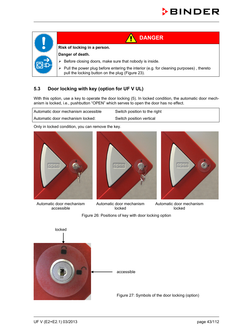 3 door locking with key (option for uf v ul), Danger | BINDER UF V 500 User Manual | Page 43 / 113
