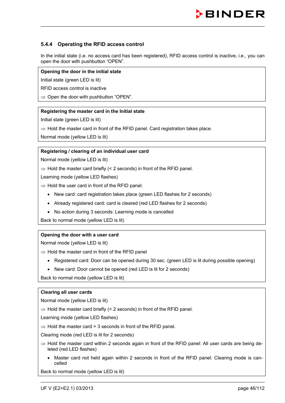 4 operating the rfid access control | BINDER UF V 500 User Manual | Page 46 / 113