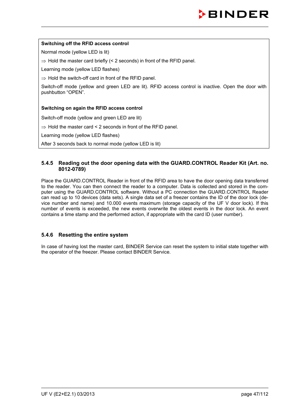 6 resetting the entire system | BINDER UF V 500 User Manual | Page 47 / 113