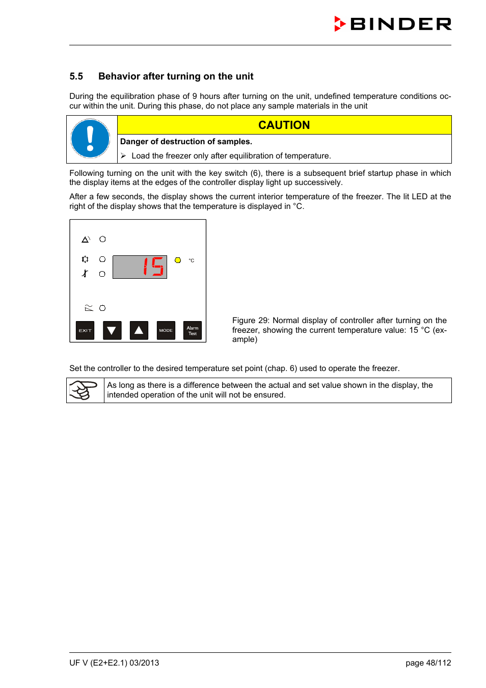 5 behavior after turning on the unit, Caution | BINDER UF V 500 User Manual | Page 48 / 113