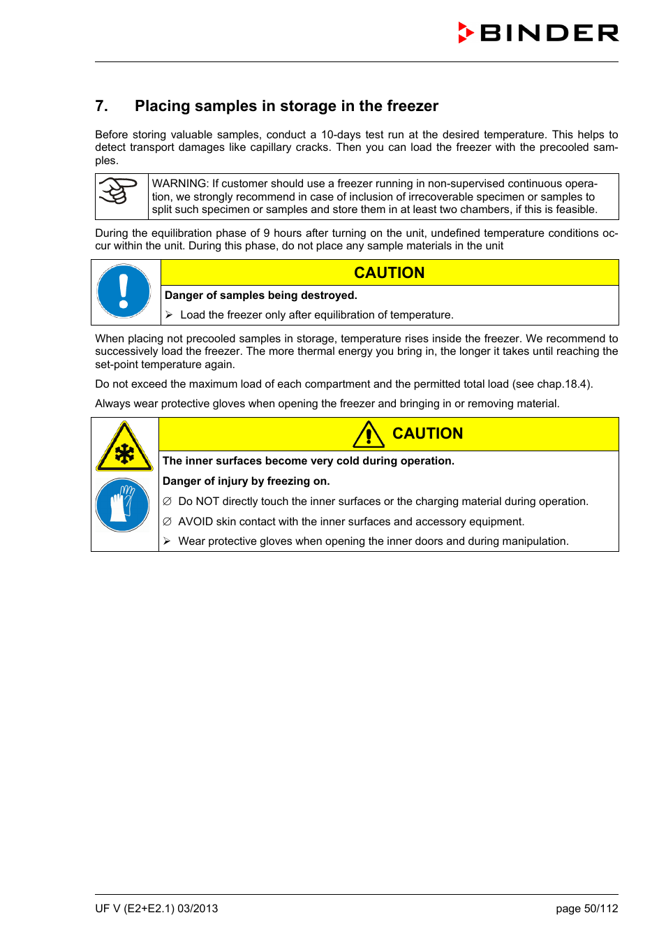 Placing samples in storage in the freezer, Caution | BINDER UF V 500 User Manual | Page 50 / 113