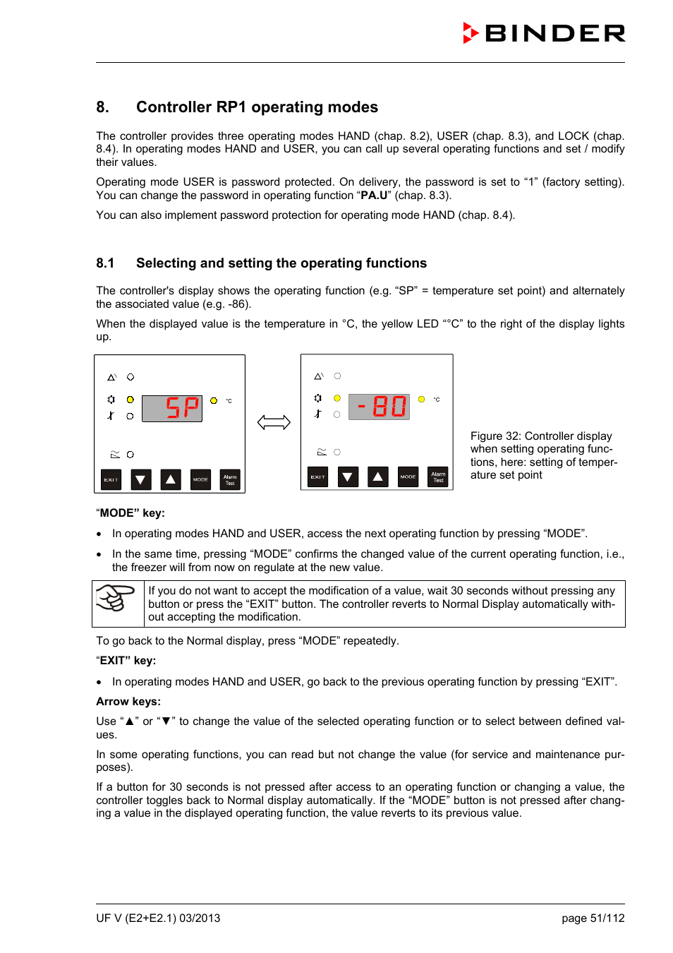 Controller rp1 operating modes, 1 selecting and setting the operating functions, Ole_link5 | Ole_link6 | BINDER UF V 500 User Manual | Page 51 / 113