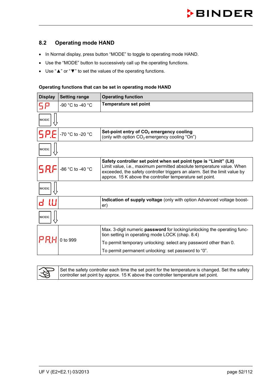 2 operating mode hand, Ole_link8 | BINDER UF V 500 User Manual | Page 52 / 113