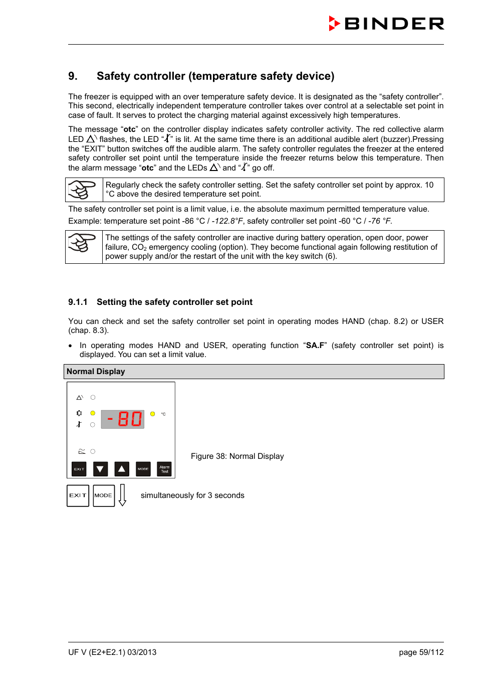 Safety controller (temperature safety device), 1 setting the safety controller set point, Ole_link10 | BINDER UF V 500 User Manual | Page 59 / 113