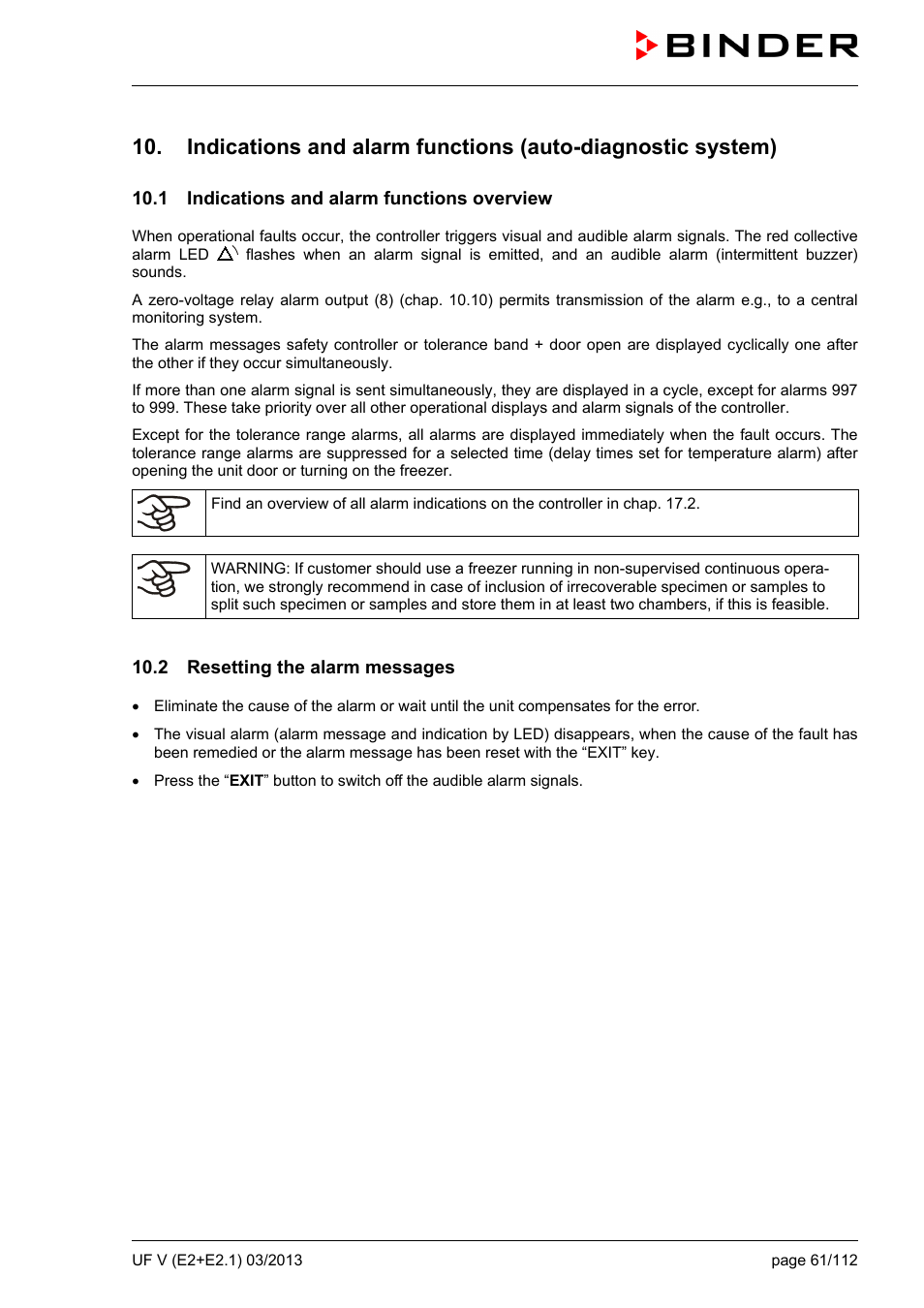 1 indications and alarm functions overview, 2 resetting the alarm messages | BINDER UF V 500 User Manual | Page 61 / 113