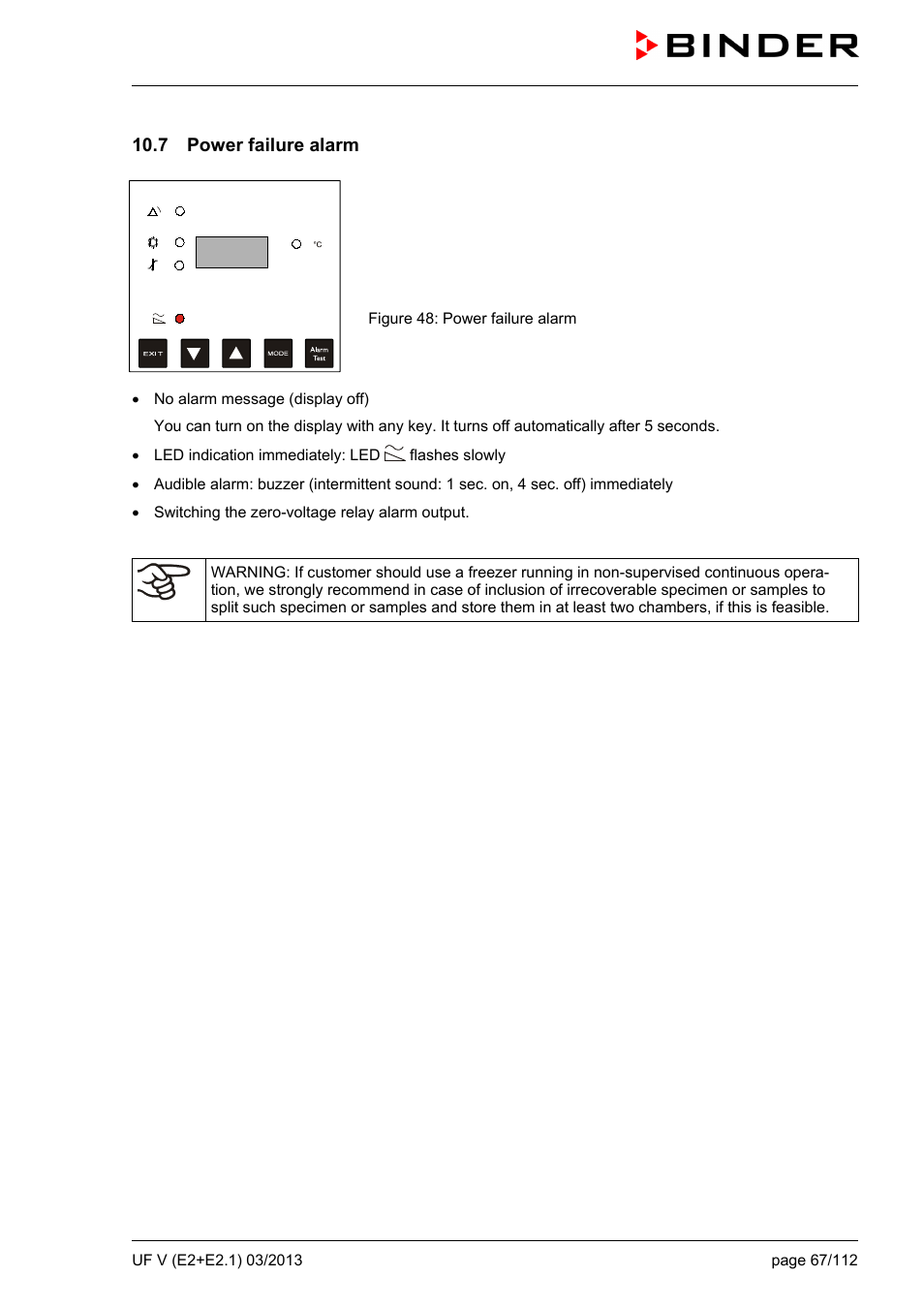 7 power failure alarm | BINDER UF V 500 User Manual | Page 67 / 113