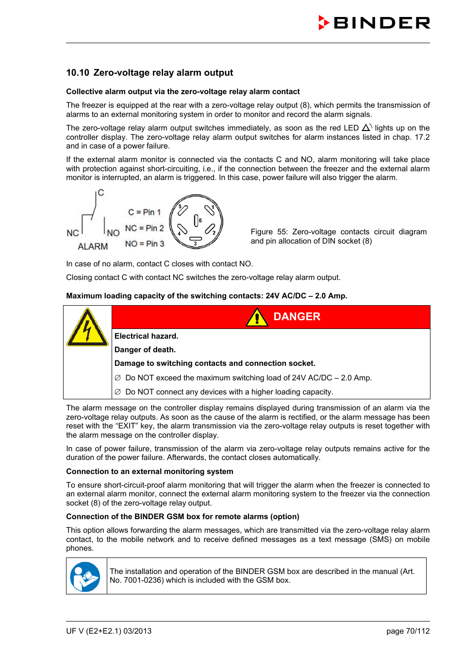 10 zero-voltage relay alarm output, Danger | BINDER UF V 500 User Manual | Page 70 / 113