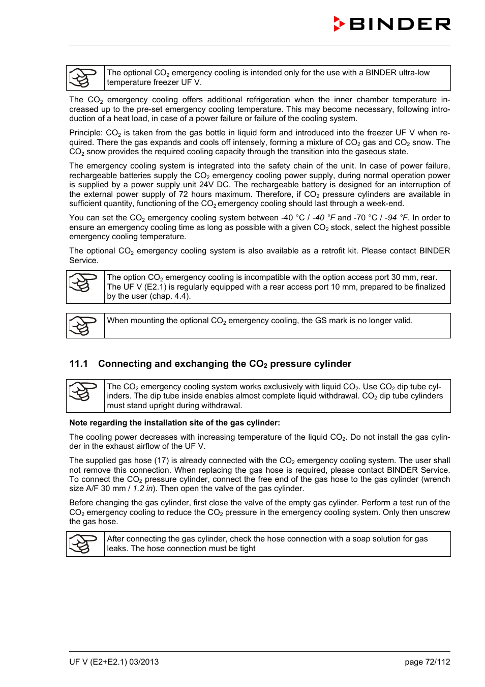 1 connecting and exchanging the co, Pressure cylinder | BINDER UF V 500 User Manual | Page 72 / 113