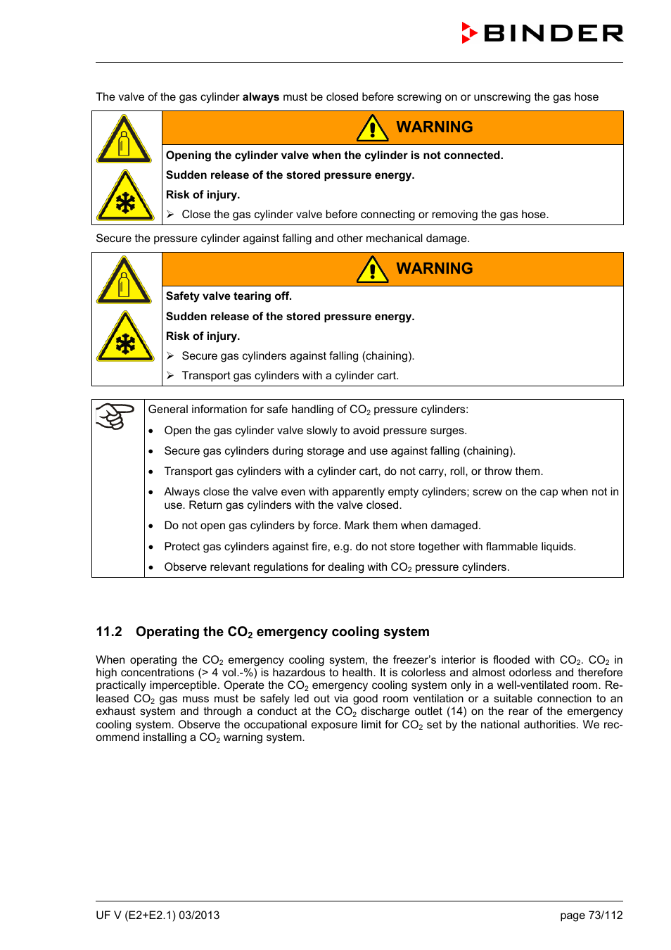 2 operating the co2 emergency cooling system, Warning, 2 operating the co | Emergency cooling system | BINDER UF V 500 User Manual | Page 73 / 113