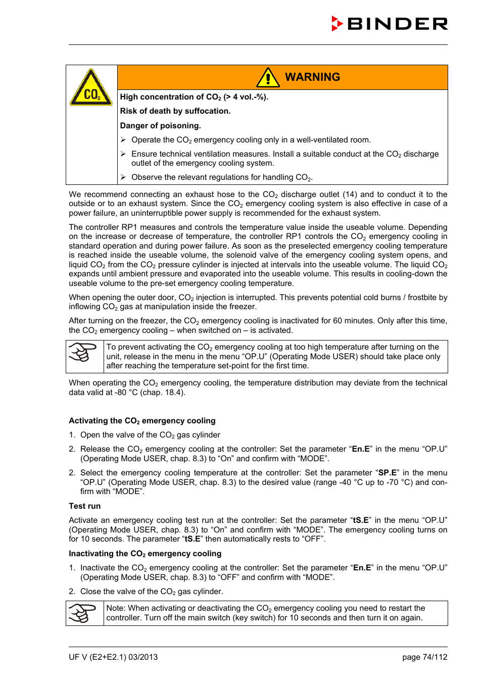 Warning | BINDER UF V 500 User Manual | Page 74 / 113