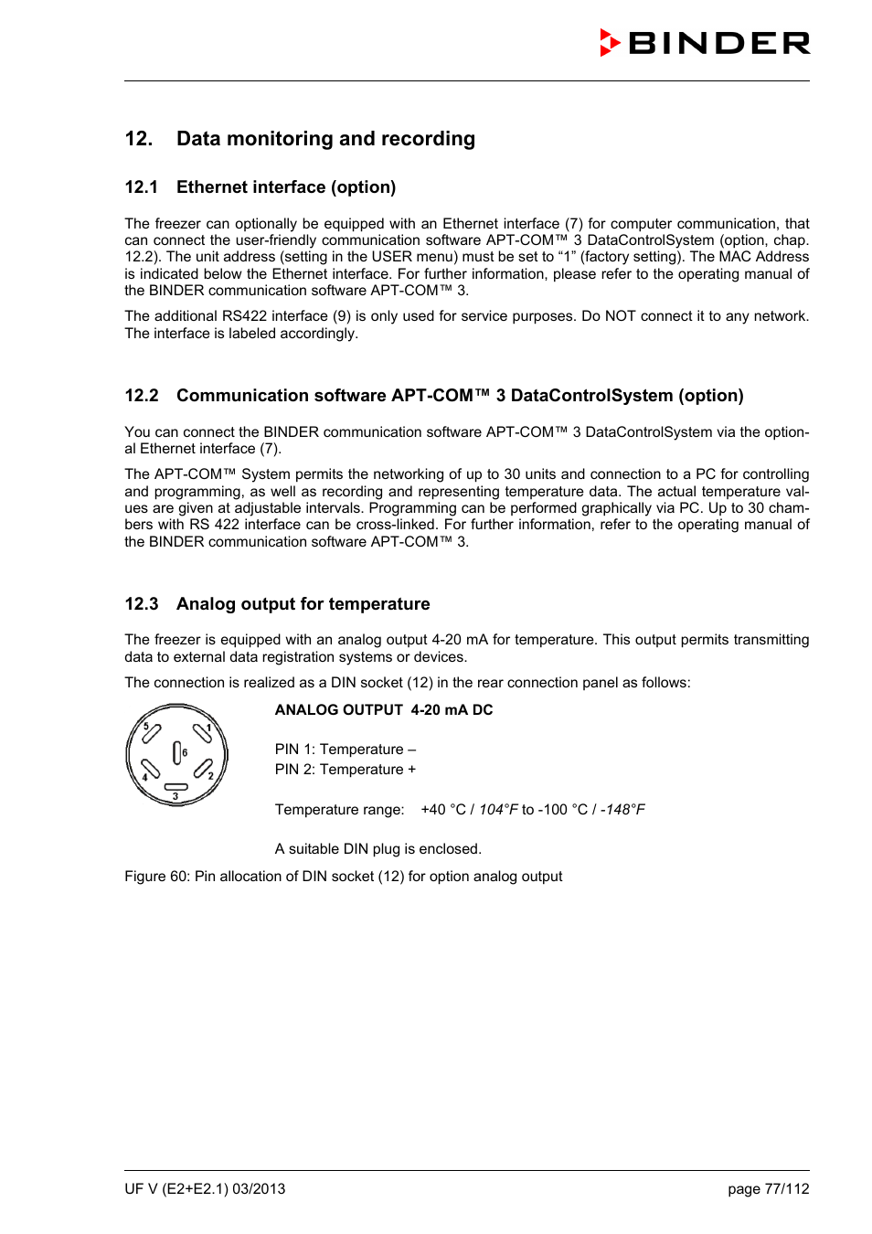 Data monitoring and recording, 1 ethernet interface (option), 3 analog output for temperature | BINDER UF V 500 User Manual | Page 77 / 113