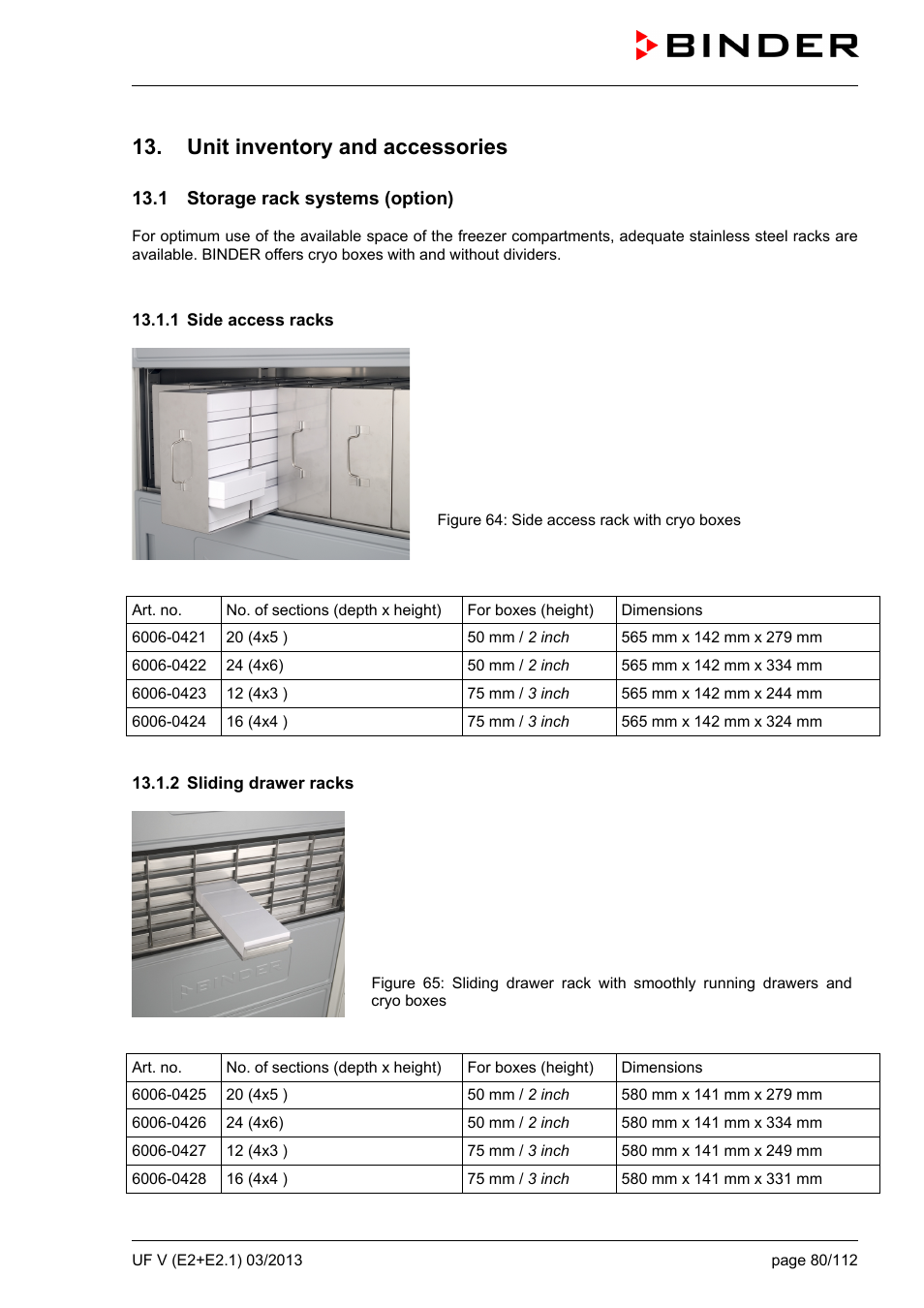 Unit inventory and accessories, 1 storage rack systems (option), 1 side access racks | 2 sliding drawer racks | BINDER UF V 500 User Manual | Page 80 / 113