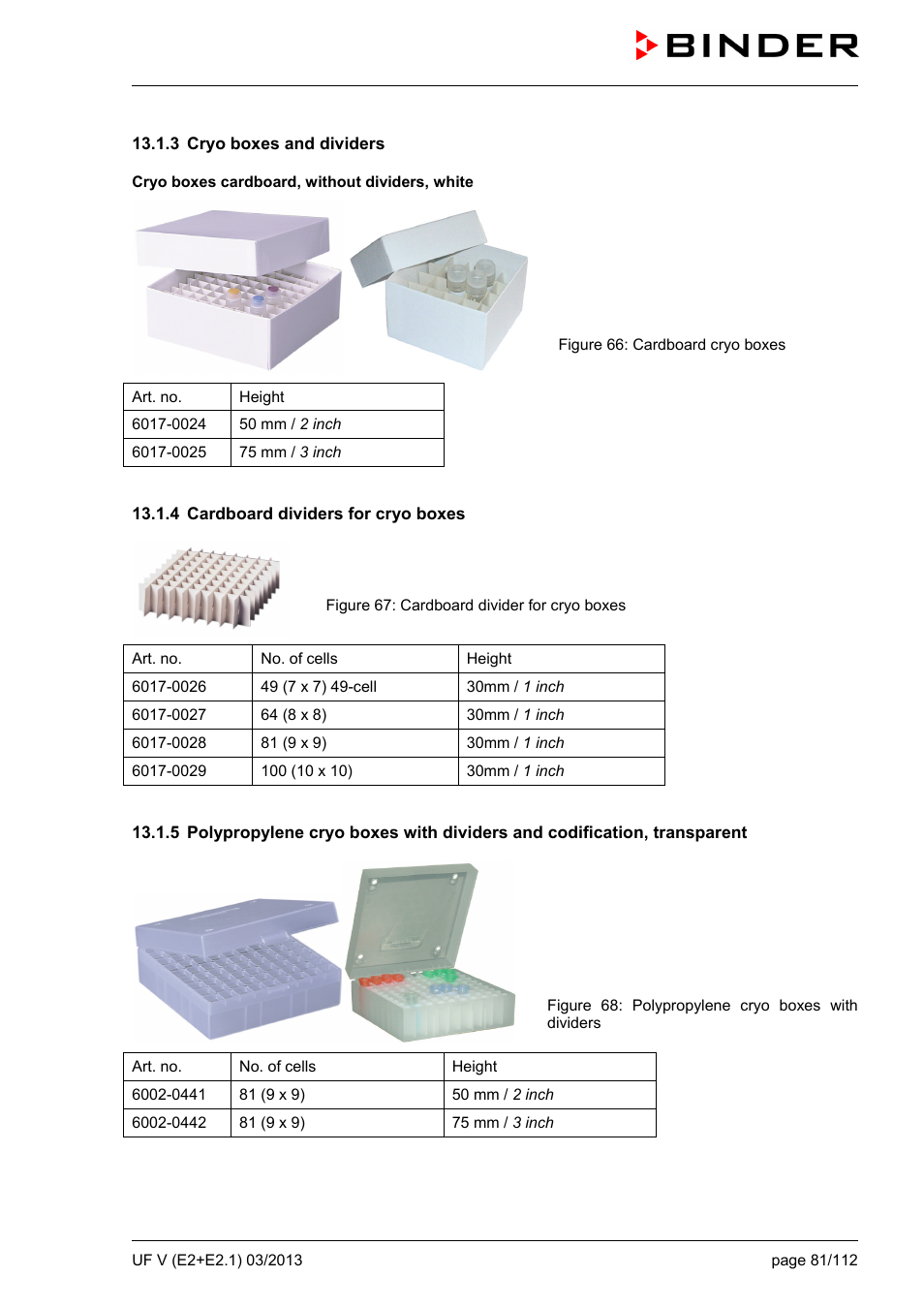 3 cryo boxes and dividers, 4 cardboard dividers for cryo boxes | BINDER UF V 500 User Manual | Page 81 / 113