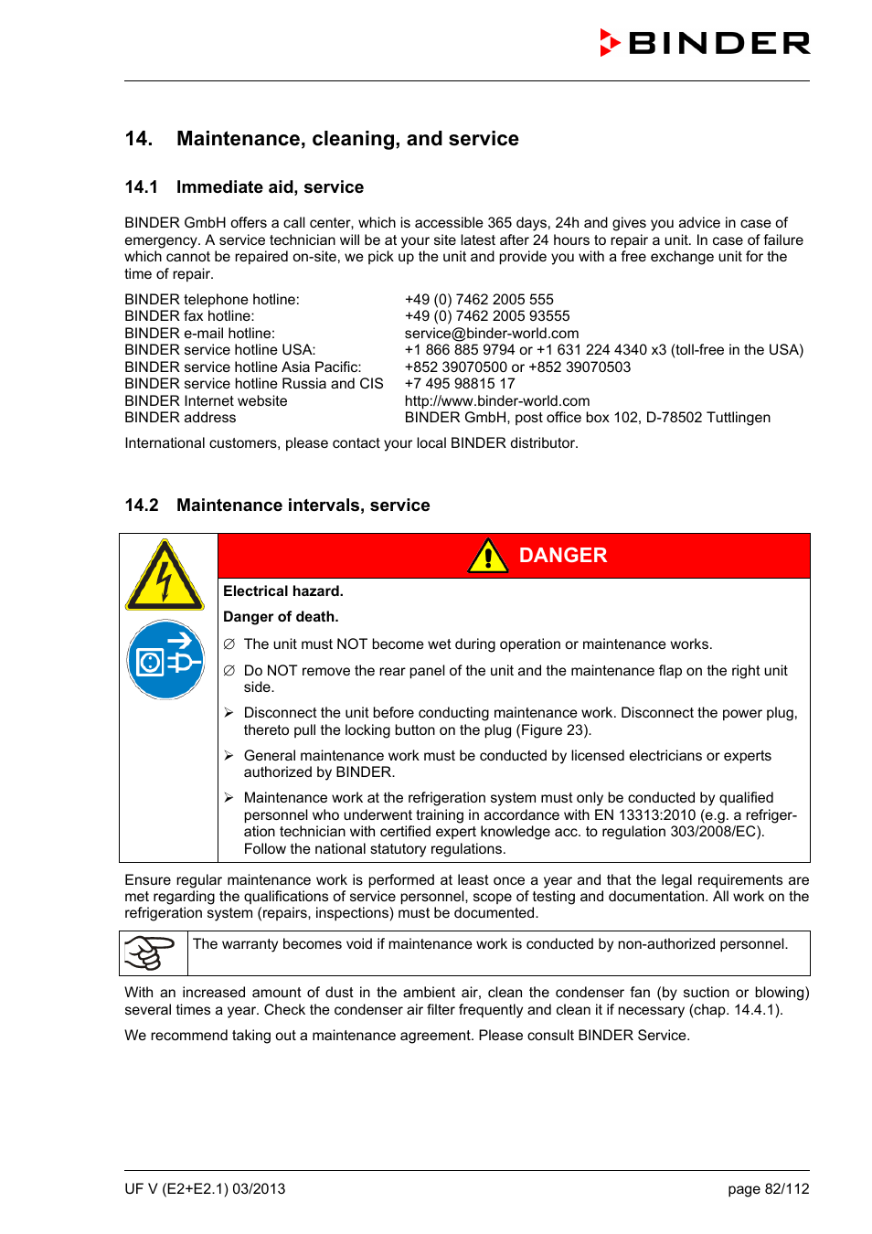 Maintenance, cleaning, and service, 1 immediate aid, service, 2 maintenance intervals, service | Danger | BINDER UF V 500 User Manual | Page 82 / 113