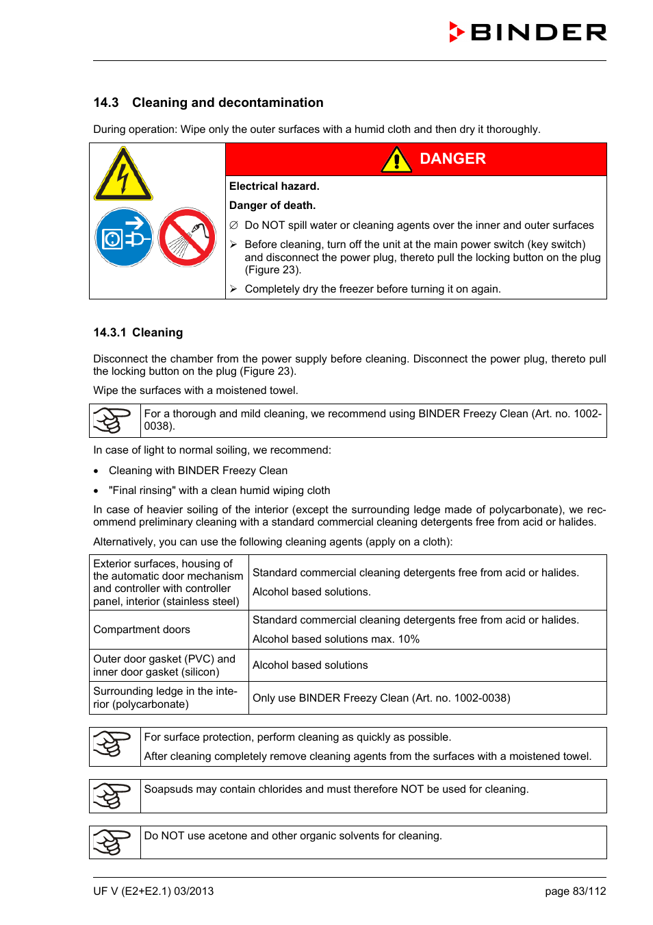 3 cleaning and decontamination, 1 cleaning, Ole_link14 | Ole_link15, Danger | BINDER UF V 500 User Manual | Page 83 / 113