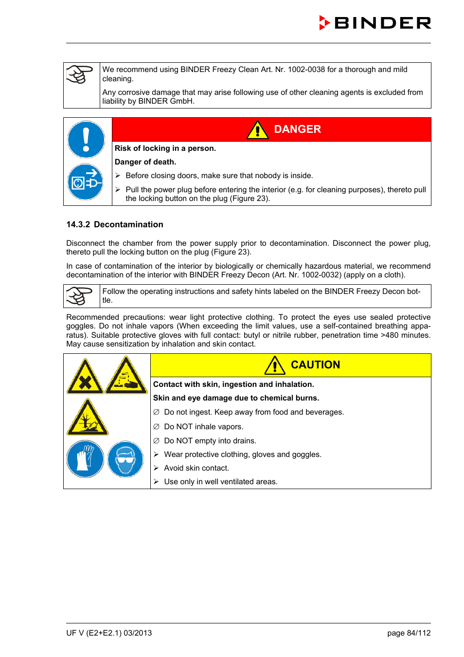 2 decontamination, Danger, Caution | BINDER UF V 500 User Manual | Page 84 / 113