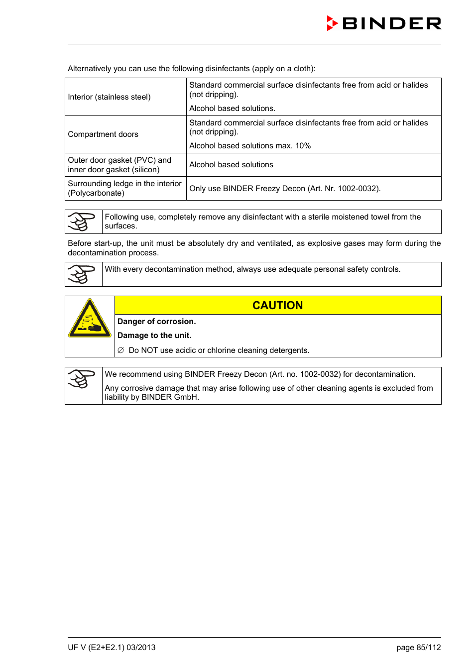 Caution | BINDER UF V 500 User Manual | Page 85 / 113