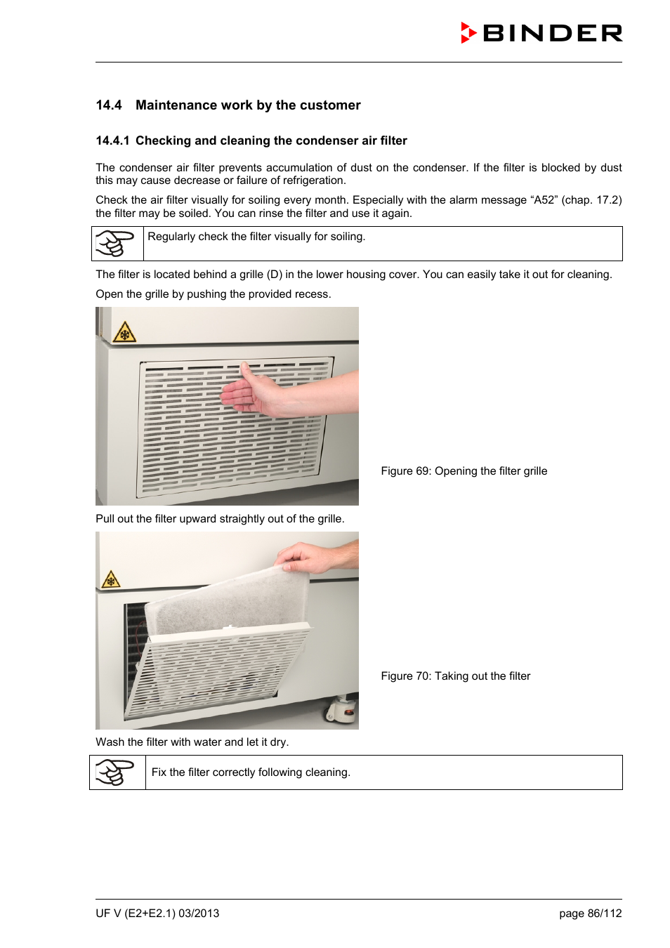 4 maintenance work by the customer, 1 checking and cleaning the condenser air filter | BINDER UF V 500 User Manual | Page 86 / 113