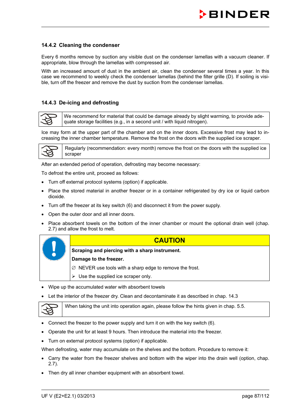 2 cleaning the condenser, 3 de-icing and defrosting, Caution | BINDER UF V 500 User Manual | Page 87 / 113