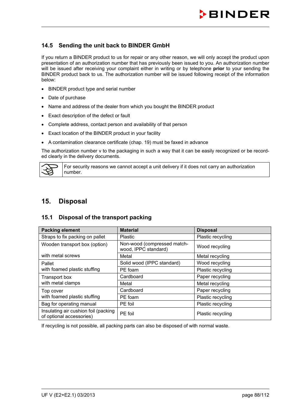 5 sending the unit back to binder gmbh, Disposal, 1 disposal of the transport packing | BINDER UF V 500 User Manual | Page 88 / 113