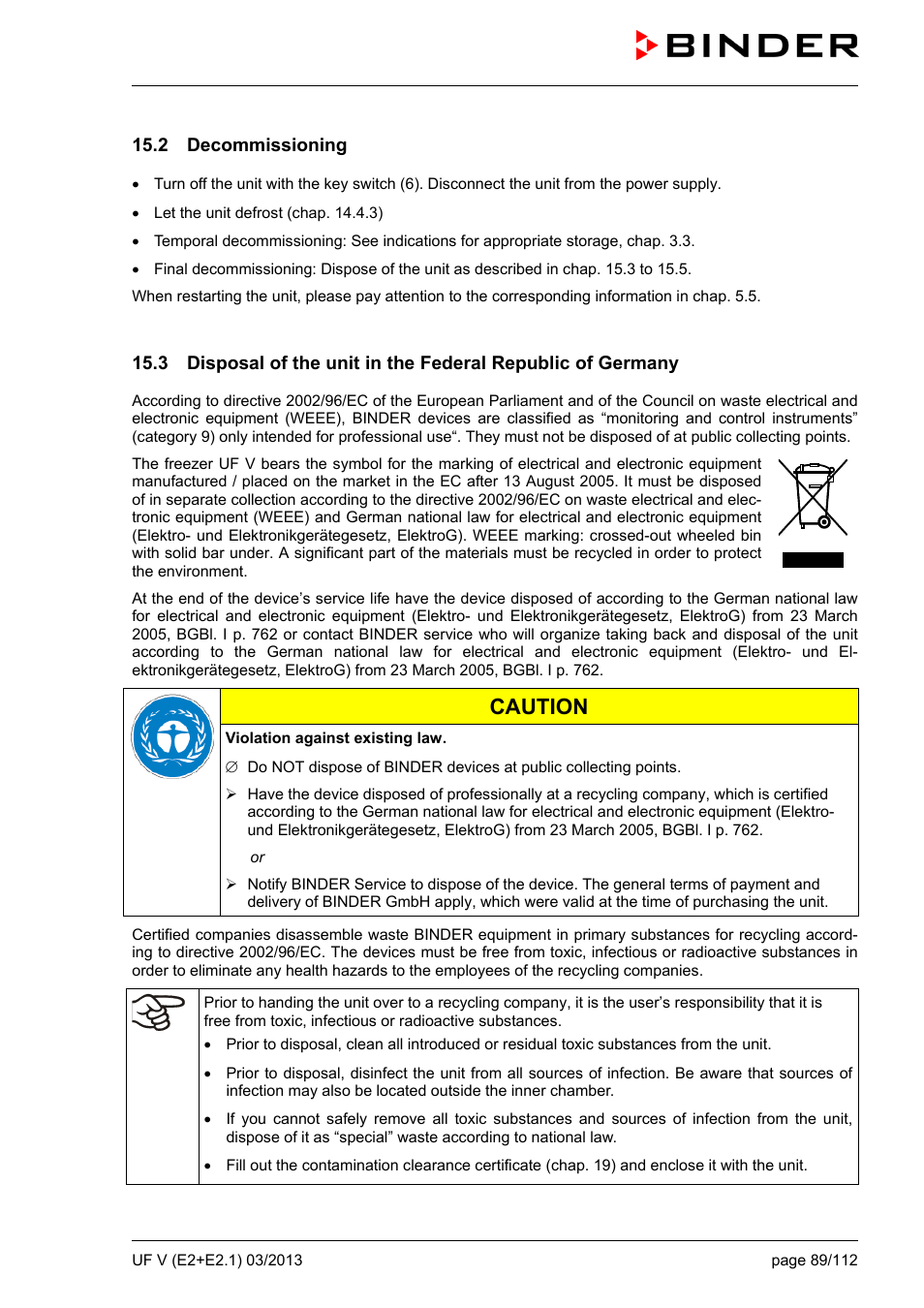 2 decommissioning, Caution | BINDER UF V 500 User Manual | Page 89 / 113