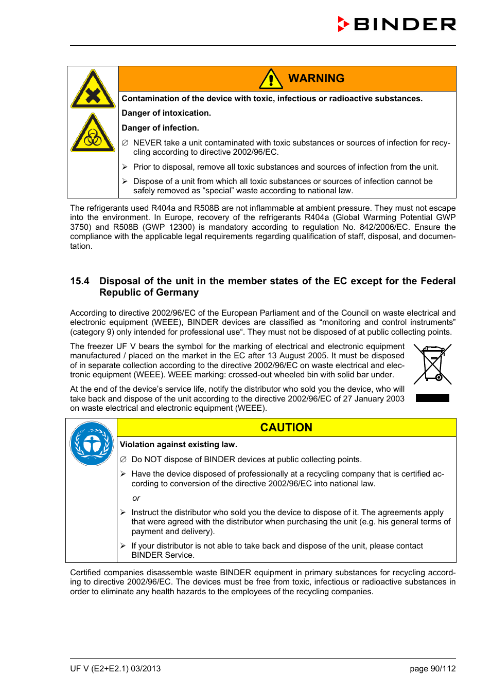 Warning, Caution | BINDER UF V 500 User Manual | Page 90 / 113