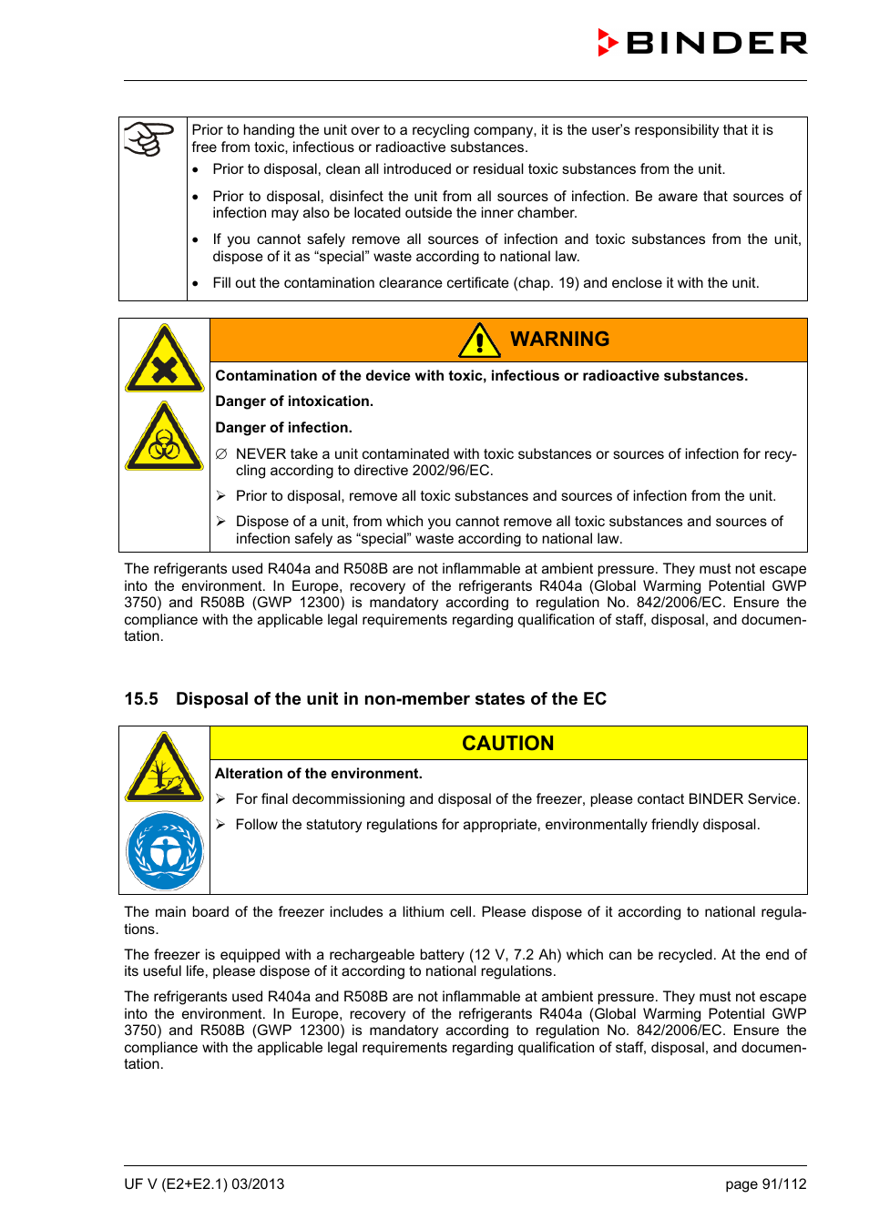 Warning, Caution | BINDER UF V 500 User Manual | Page 91 / 113