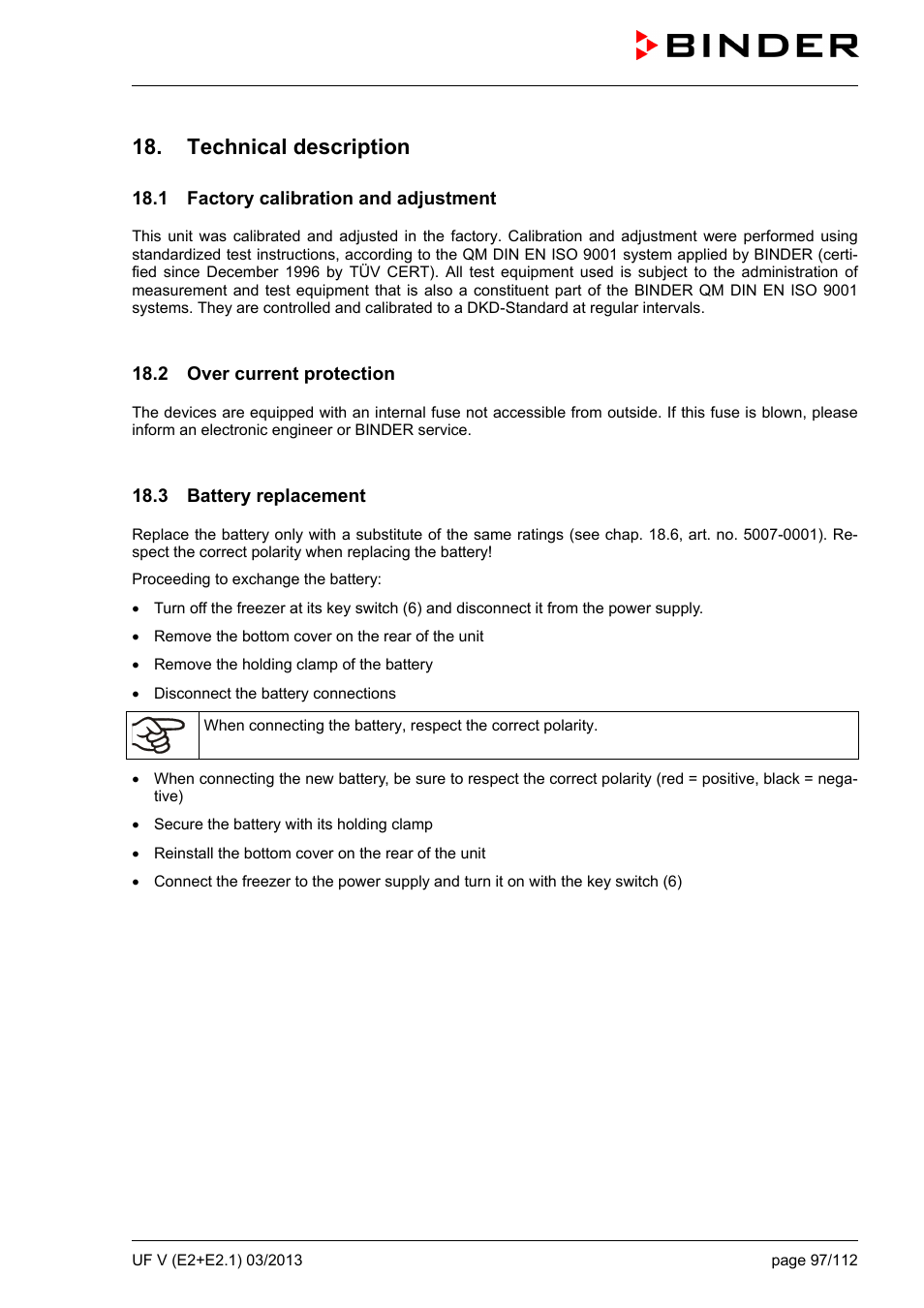 Technical description, 1 factory calibration and adjustment, 2 over current protection | 3 battery replacement | BINDER UF V 500 User Manual | Page 97 / 113