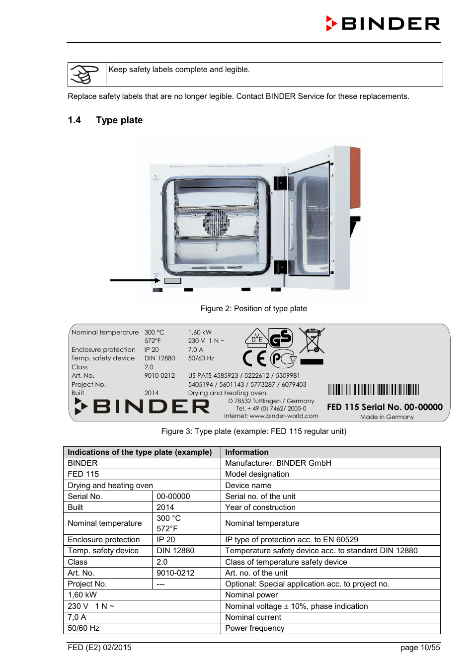 4 type plate | BINDER FED 53 User Manual | Page 10 / 55