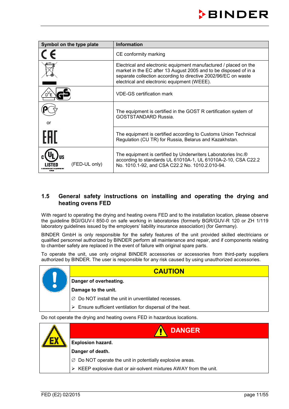 Caution, Danger | BINDER FED 53 User Manual | Page 11 / 55