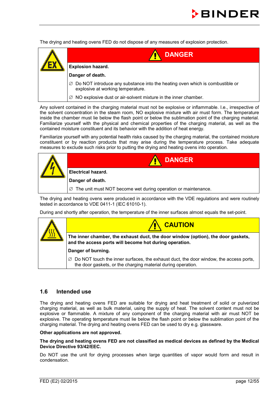 6 intended use, Danger, Caution | BINDER FED 53 User Manual | Page 12 / 55